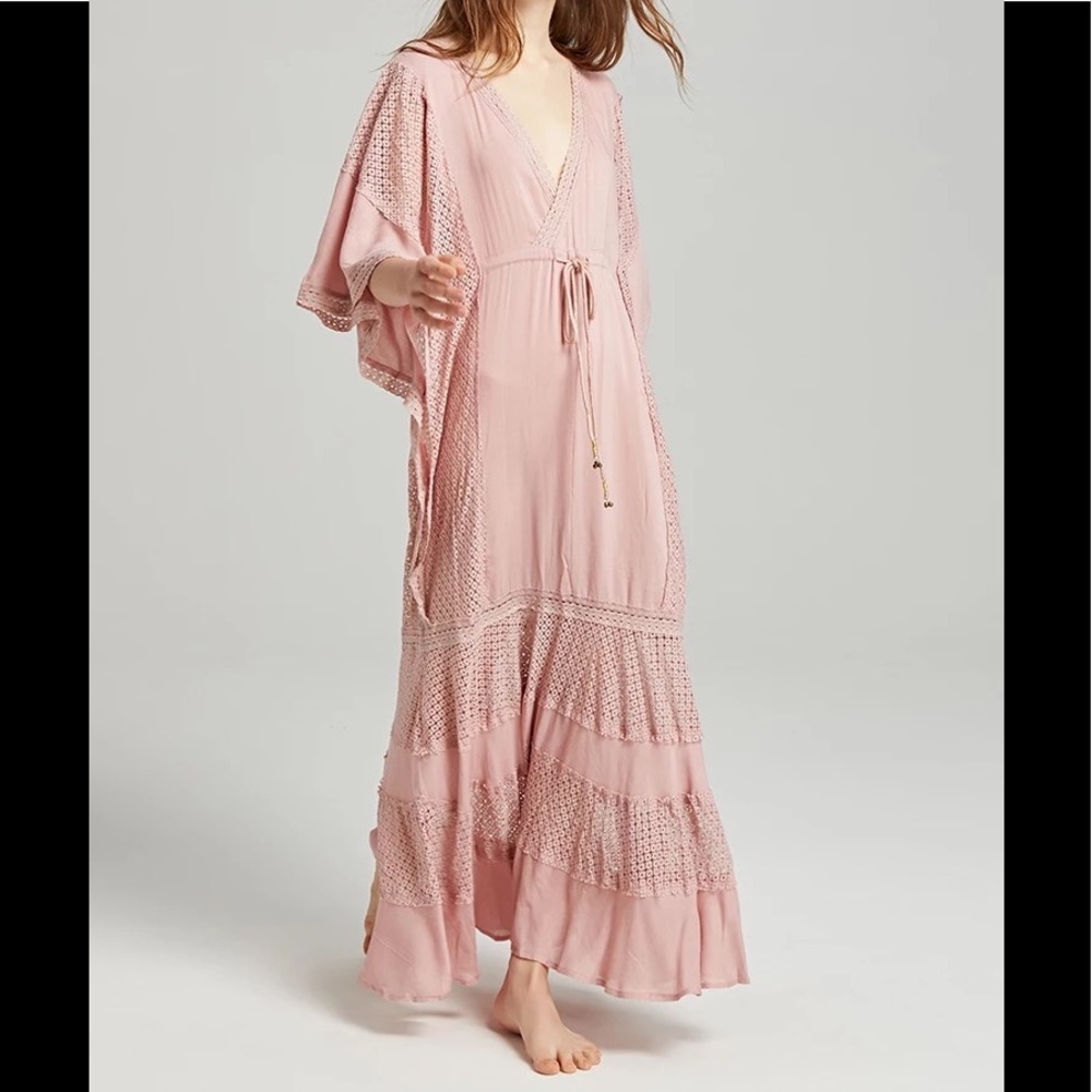 Rose Pearl Embroidered Bohemian Flowing Maxi Gown 5Star ⭐️ Cotton Dress With Tie